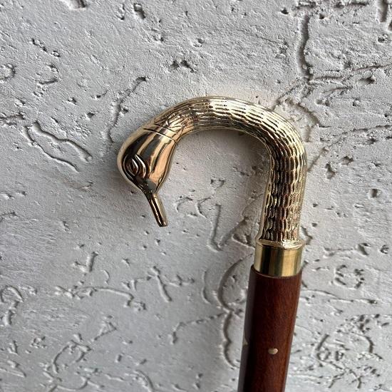 Handmade Swan Head Walking Cane Solid Brass Handle Wooden Stick Gentleman Decor