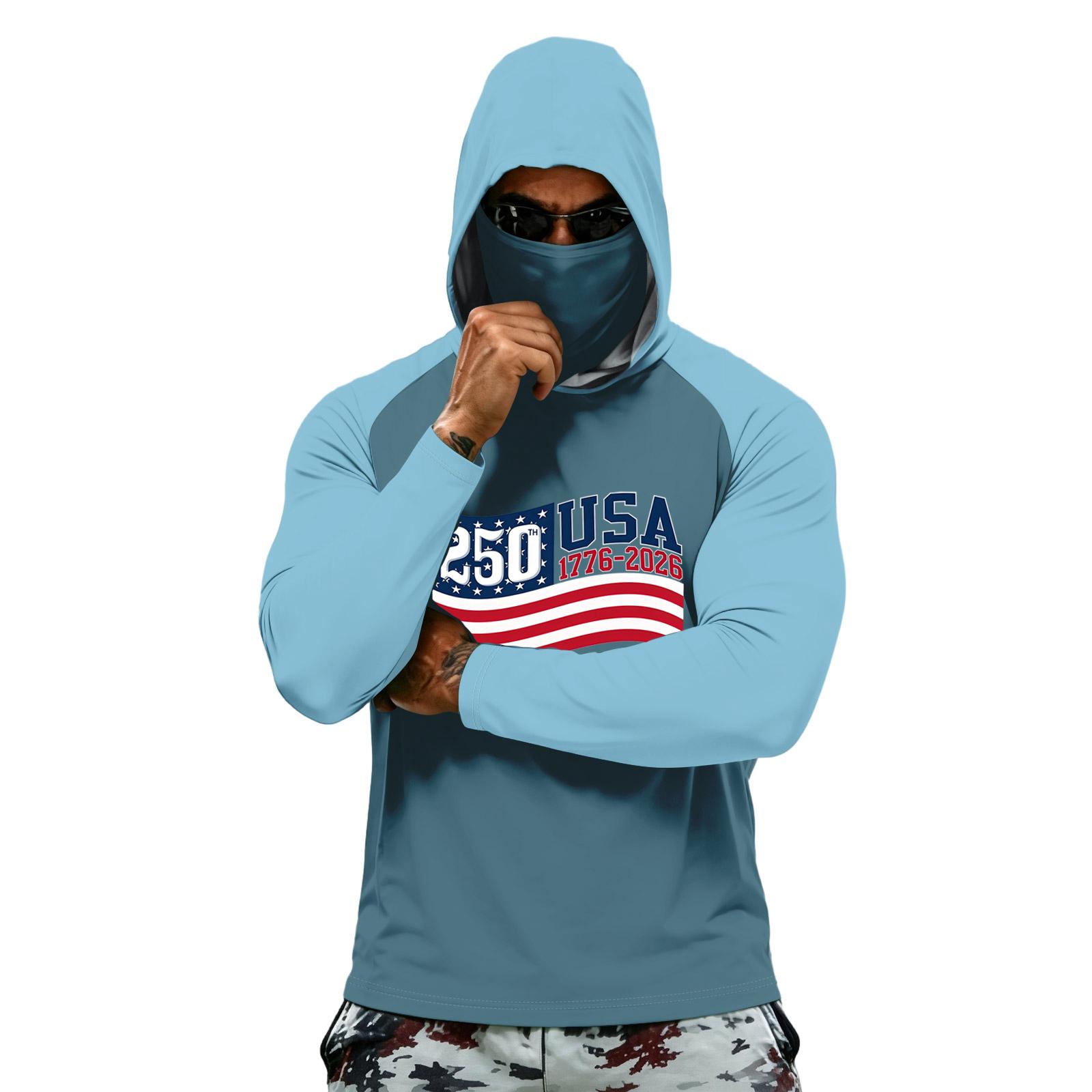 

Long Sleeve Hooded T Shirt for Men 250 USA 1776 2026 Flag Print Lightweight Pullover Top Casual Athletic Fit XL небо синє кольору