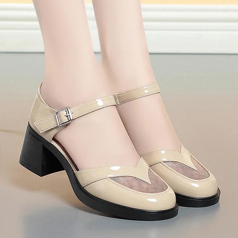 5.5cm Fashion Breathable Mesh Leather Sandals Mary Janes Summer 2025 Close Head Med Heels Sandals Women for Office Mom Girls