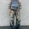 2025 High Street Distressed Handbemalte Graffiti Weitbeinige Jeans für Damen - 3D-Druck, Gewaschen, Frühling Stil