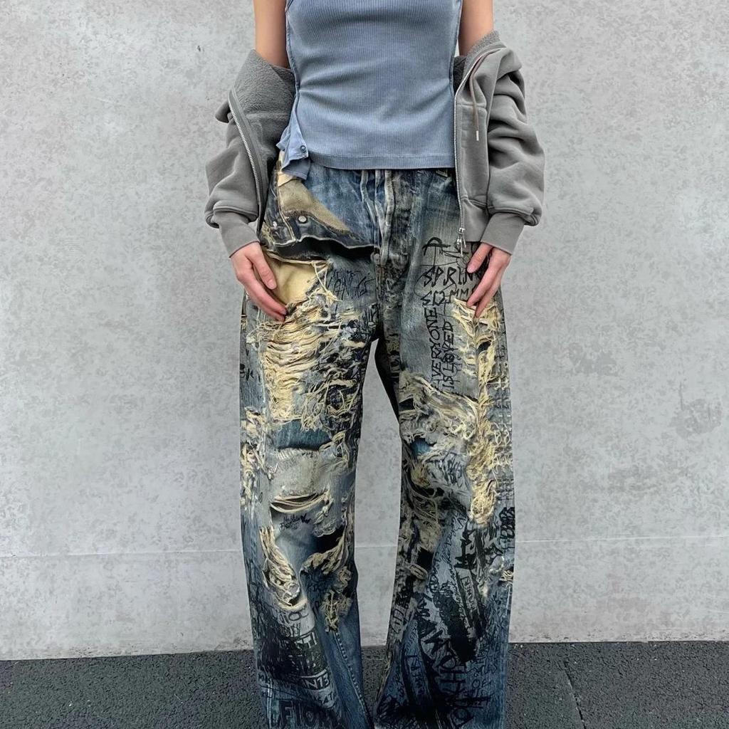 2025 High Street Distressed Handbemalte Graffiti Weitbeinige Jeans für Damen - 3D-Druck, Gewaschen, Frühling Stil