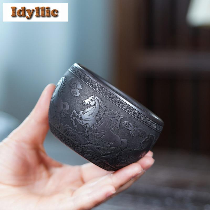 215ml Yixing Zisha Relief Horse Teacup Japanese Tea Bowl Cup For Tea Tea-tasting Fragrance Cup Chazhan Master Cups Drinkware