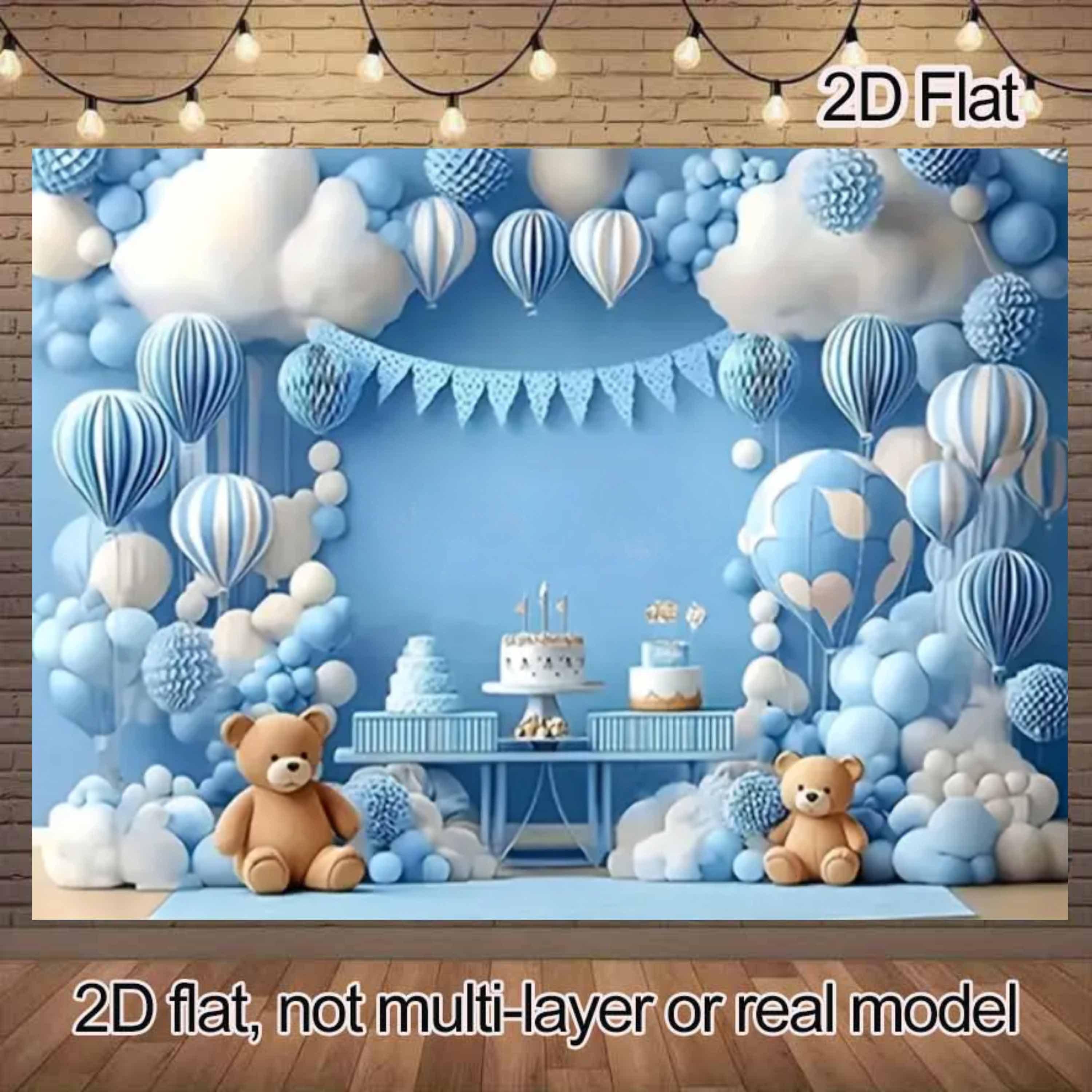 1pc, 2D flat, blue balloon-themed backdrop with teddy bear design—suitable for weddings, family gatherings, birthdays, wsj 150x100CM
