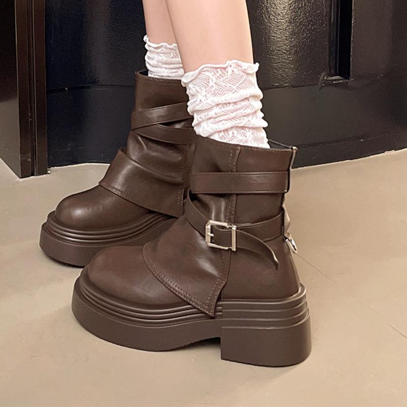 Knöchelhohe Stiefel für Damen mit mittleren Absätzen Designerschuhe Schnalle Trend Winterstiefel Neu Walking-Plateau Leder Sport Mujer Botas