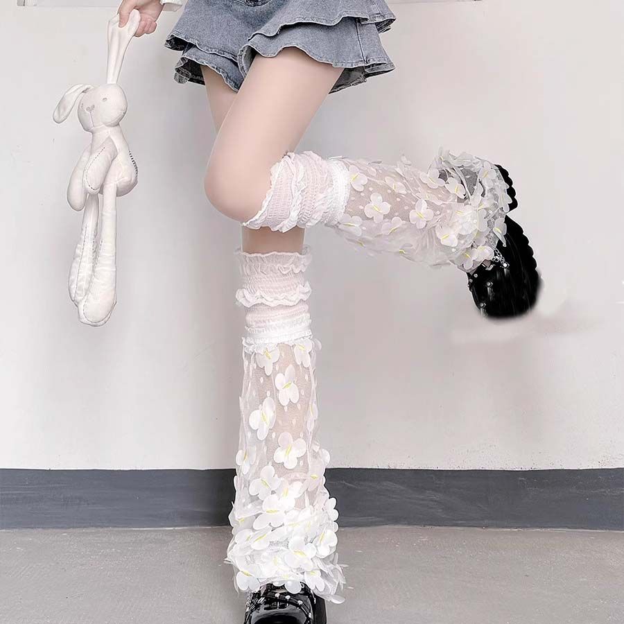 Summer Thin Mesh Floral Slouch Leg Warmers for Women Lolita Sweet Lace Lolita Calf Socks