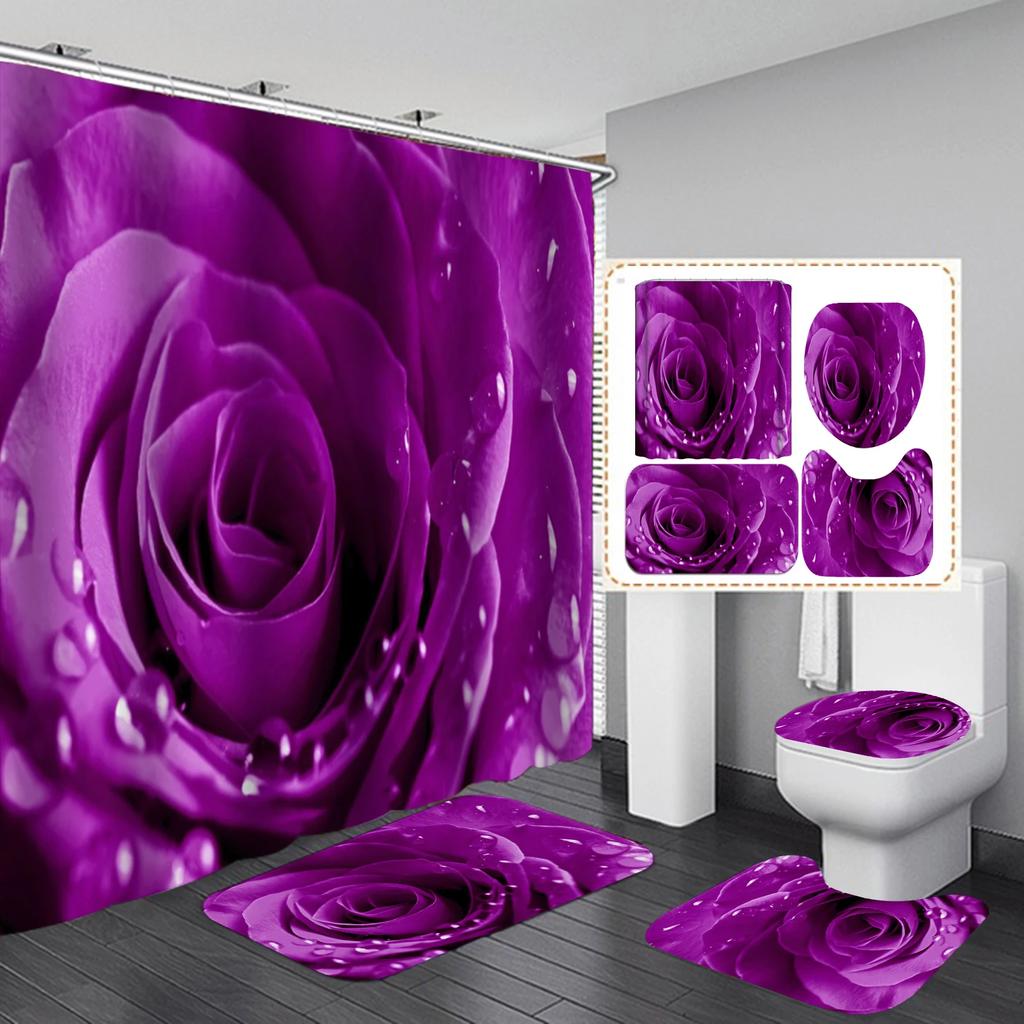 Rose Flower Waterproof Polyester Shower Curtain Set Nature Flowers Bathroom Curtains Set Non-Slip Bath Rug Toilet Cover Mat