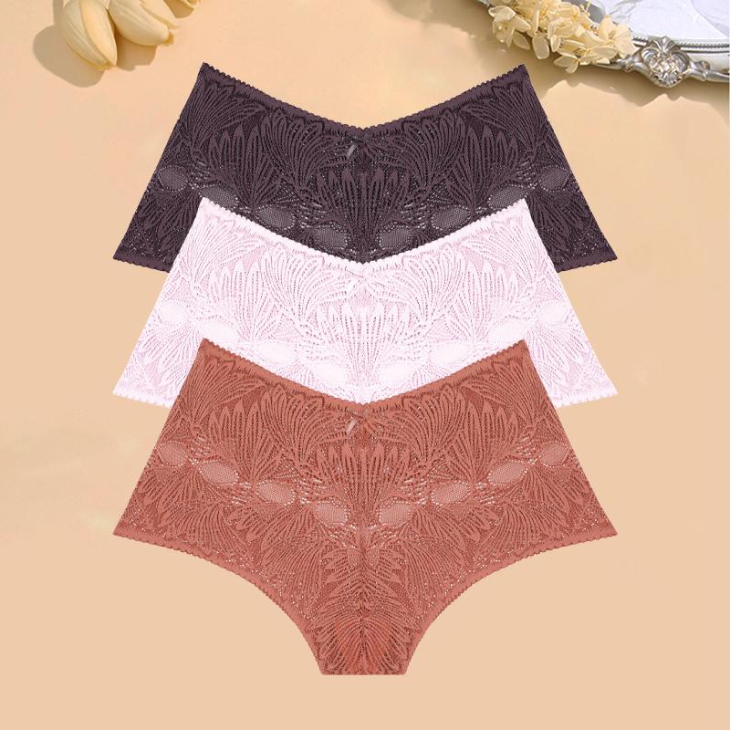 FINETOO 3 Stück Damen Spitze Floral Boyshort Sexy Hollow Out Unterwäsche Niedrige Taille Atmungsaktive Slips Mädchen Weiche Transparente Lingerie