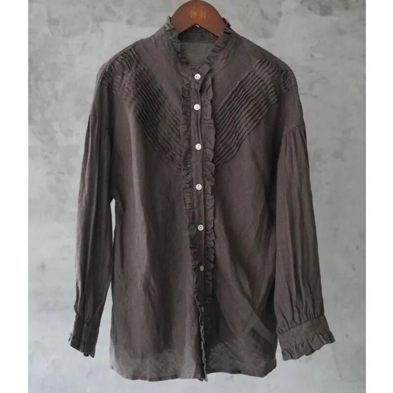 Johnature Dámské Vintage košile Topy Stojánek Jarní halenky s knoflíkem Dlouhý rukáv Jednobarevné košile v čínském stylu