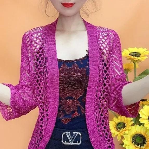 Women's Summer Outerwear: Elegant Solid-Color Lightweight Knit Cardigan for Sun Protection