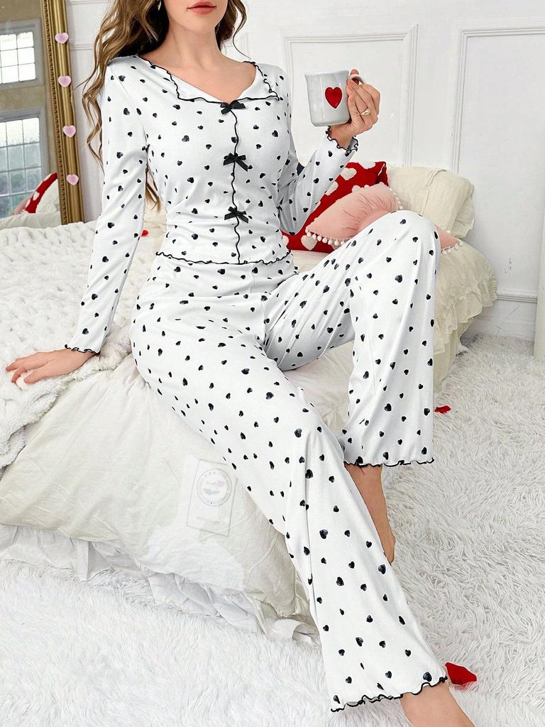 European and American Style Women's Spring and Autumn Heart Print Pajama Set Turn-Down Collar Long Sleeve Top and Long Pants 2 Piece Loungewear