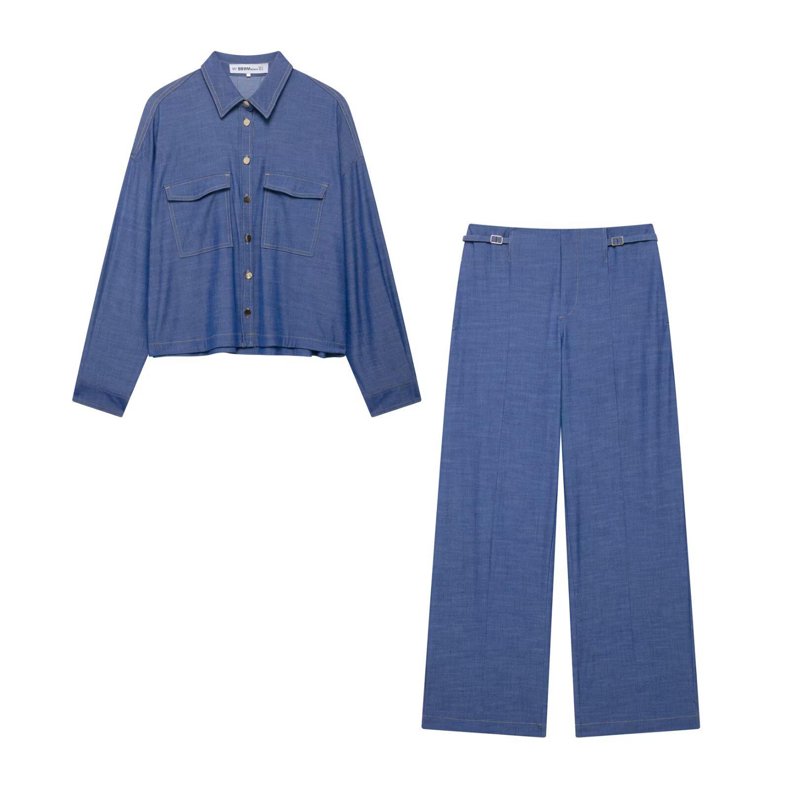 

2025 Spring Women s Casual Denim Patch Pocket Shirt & Pants Set M