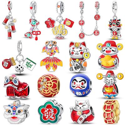 Original Copper Color God Of Wealth Lucky Cat Lantern Lion Dance Charms Beads Fit Bracelet Diy New Year'S Jewelry Gift