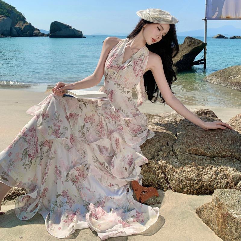 New French Vacation Print Neck Chiffon Cake Long Dress Women's Collar Dress Summer Super Fairy Photo