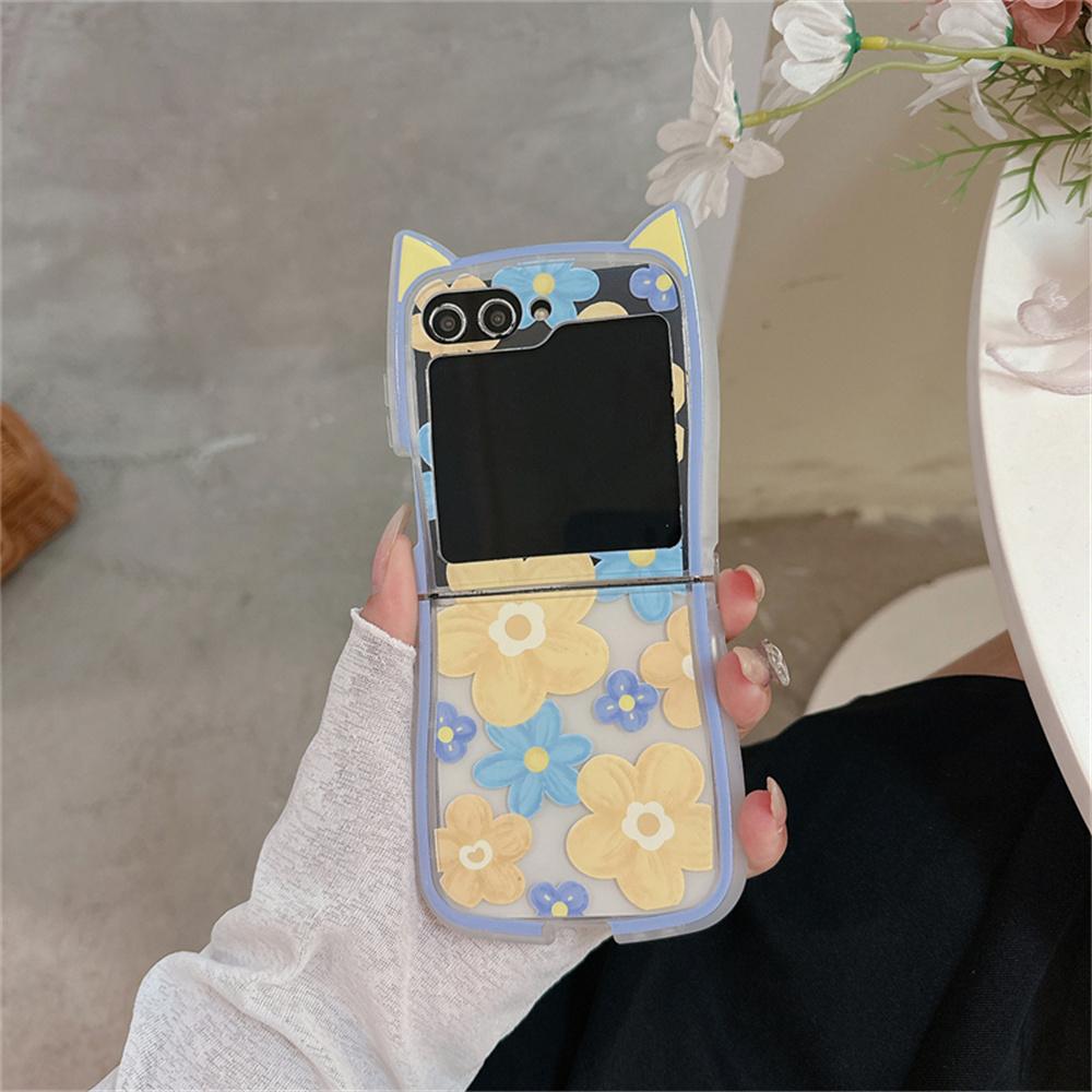 

Cartoon Flower Cat Ear Wrist Chain Case for Samsung Galaxy Z Flip 6 5 4 3 Flip5 flip6 Oil Painting Beads Bracelet Colorful Cover for Samsung Z Flip 4