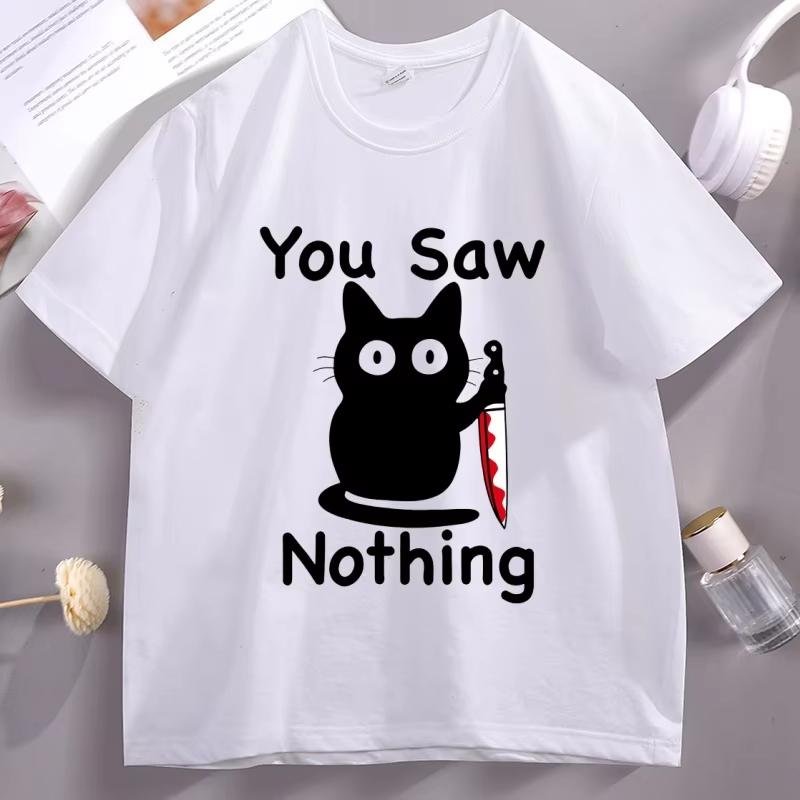 You Saw Nothing T Shirt Spooky Cat Halloween TShirt Funny Graphic Tees Short Sleeve Round Neck Printed Graphic Tees