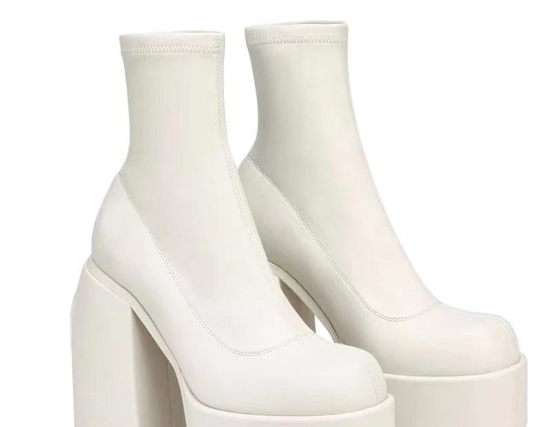 Large Size Women's Leather Boots New Style Square Head Platform High-heeled  Women Shoes Black and White Square Heel Short Boot