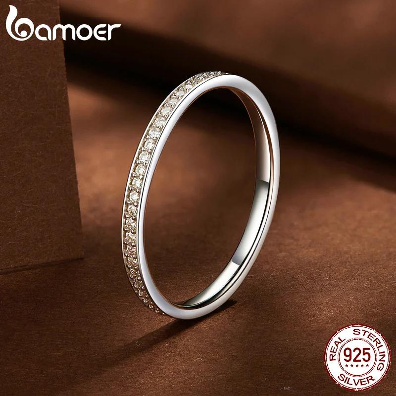 BAMOER Moissanite Wedding Band 925 Silver Eternity Rings Platinum Plated Lab Created Diamond Stackable Ring for Women