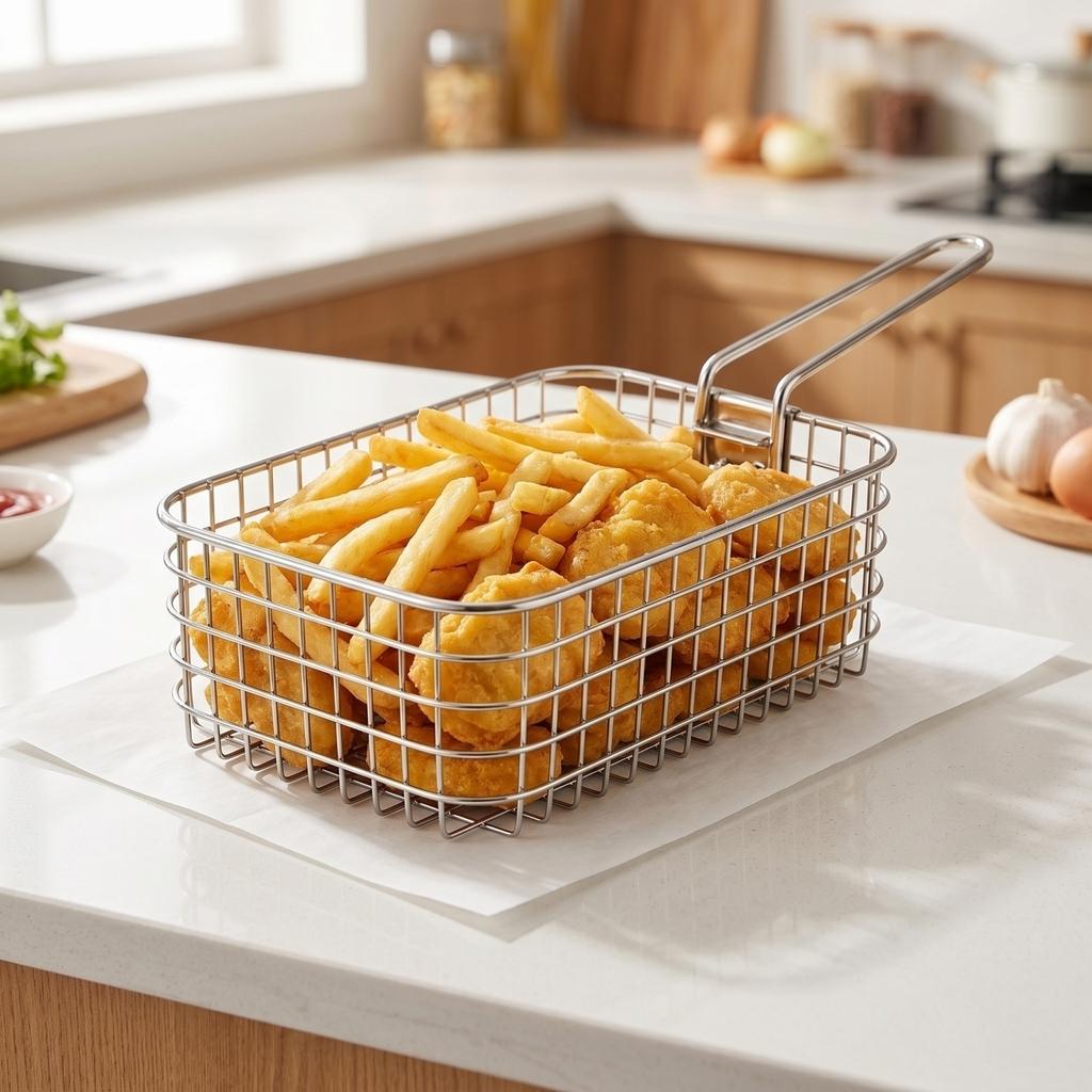 Stainless Steel Fry Basket for Deep Frying Rectangular Wire Mesh Frying Basket with Handle for Kitchen and Outdoor Use