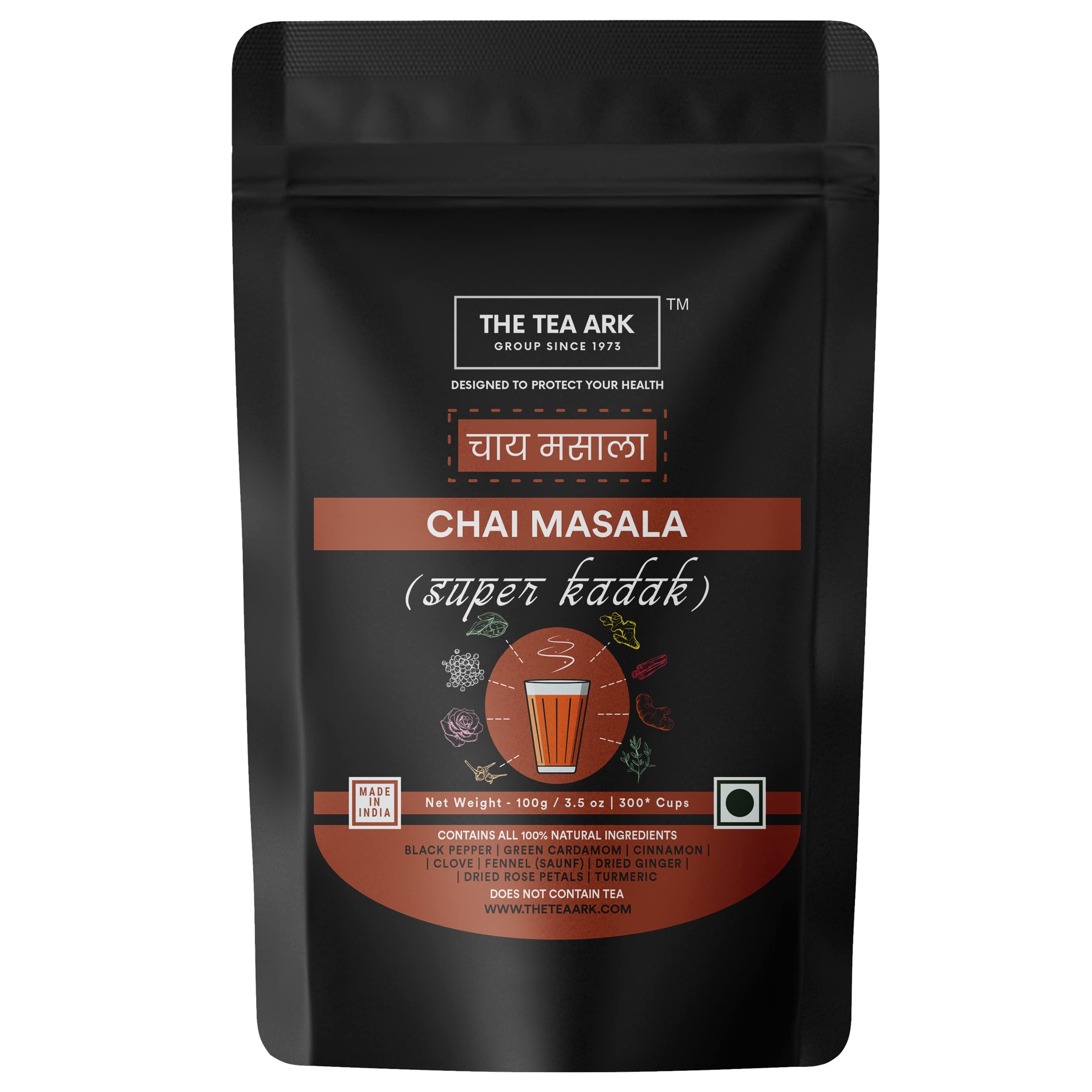 The Tea Ark Chai Masala Powder For Tea with Turmeric, Dried Ginger, Cinnamon, Cloves, Black Pepper, Cardamom, Fennel (Saunf) - Super Kadak Flavou