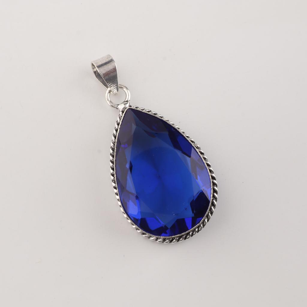 Blue Sapphire Gemstone Silver Pendant 1.8" , 925 Sterling Silver Jewelry, Partywear Pendant, Valentine's Day Gift For Wife PP-65-6