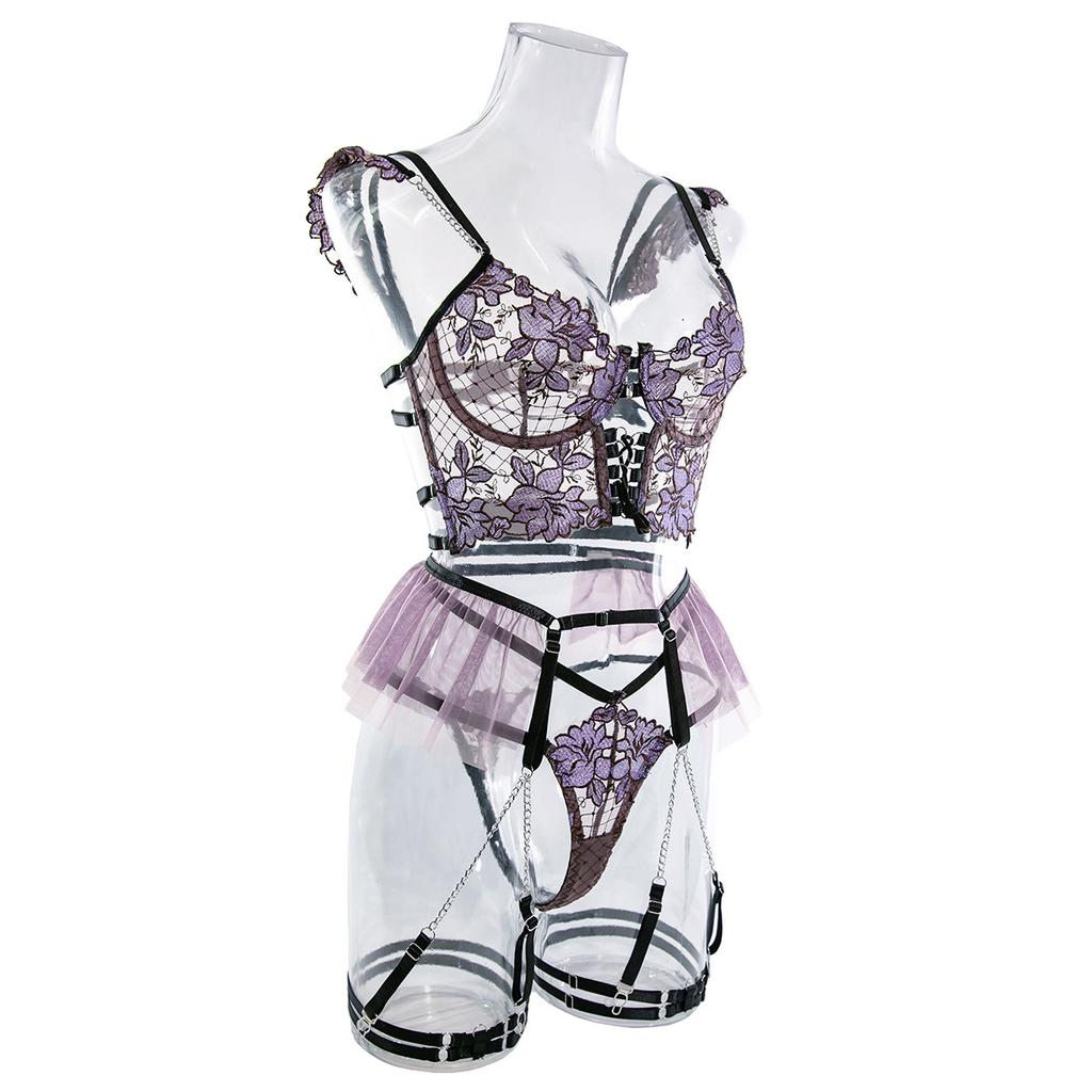 European and American Women Lingerie Set Three-Piece Sheer Mesh Embroidered Underwear Set Sexy Bra and Thongs Set