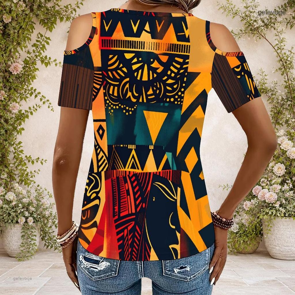 Damen Übergröße Schlüsselloch Ringhals Kalte Schulter Kurzarm Tintenspritzer Druck T-Shirt