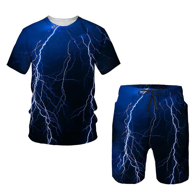 

Summer Fashion Men s T-Shirts Suits Personalited Lightning 3D Printed Men Short Sleeve Sport Casual Shorts Set Men Clothing 4XL