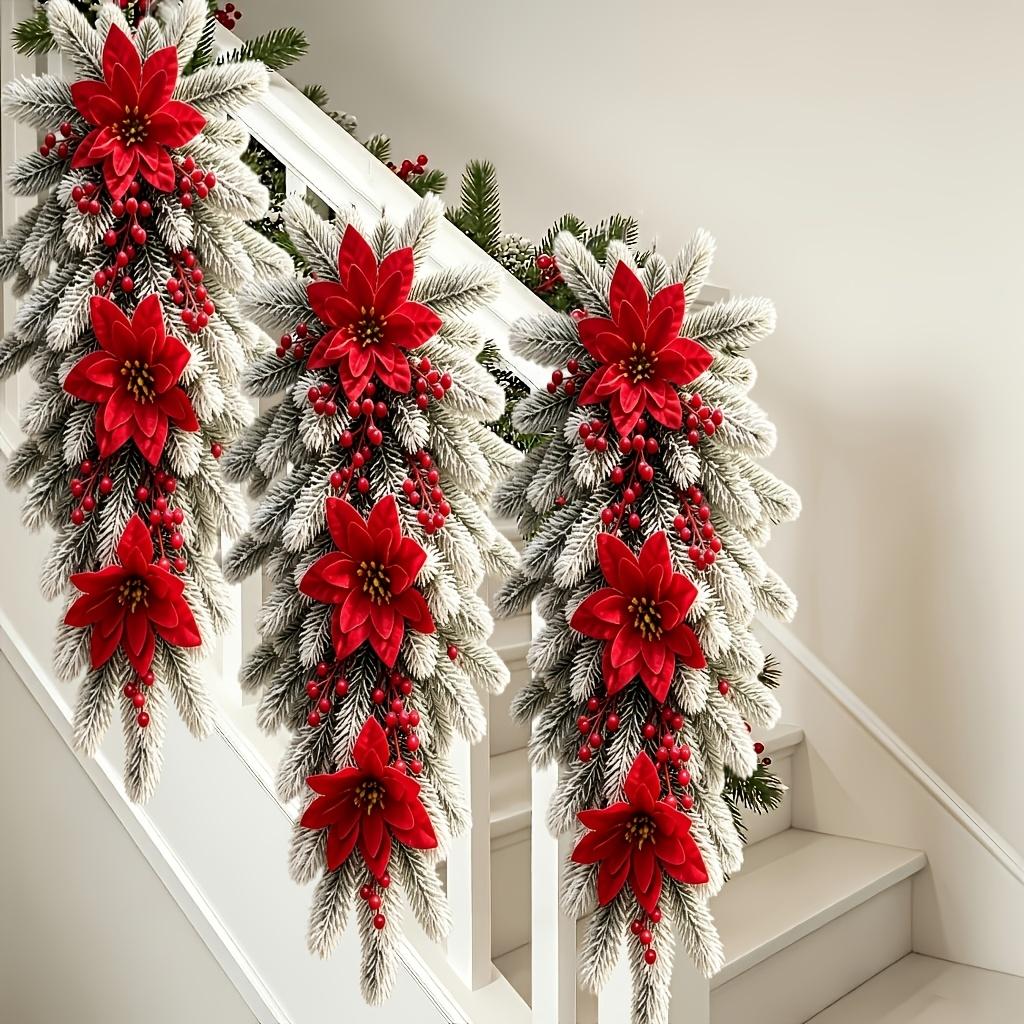 2Pcs 23.6inch Outdoor Artificial Christmas Poinsettia Vine With Artificial Pine Branches, Red Berries, And Pine Cones For Decoration. Suitable For