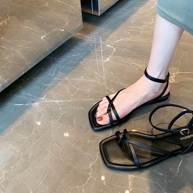 Sheepskin version~ French cross with beach cover toe strap sandals women's summer flat-bottomed leather Roman shoes cool slippers