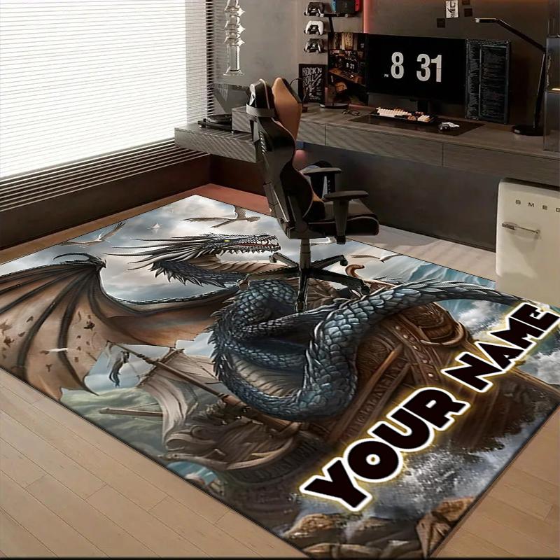1PC Custom Name Dragon's Stormy Voyage Theme Floor Mat Ideal for Living Room, Game Rooms, Office, Bedroom, Office Floor Mat , Floor Mats for Home