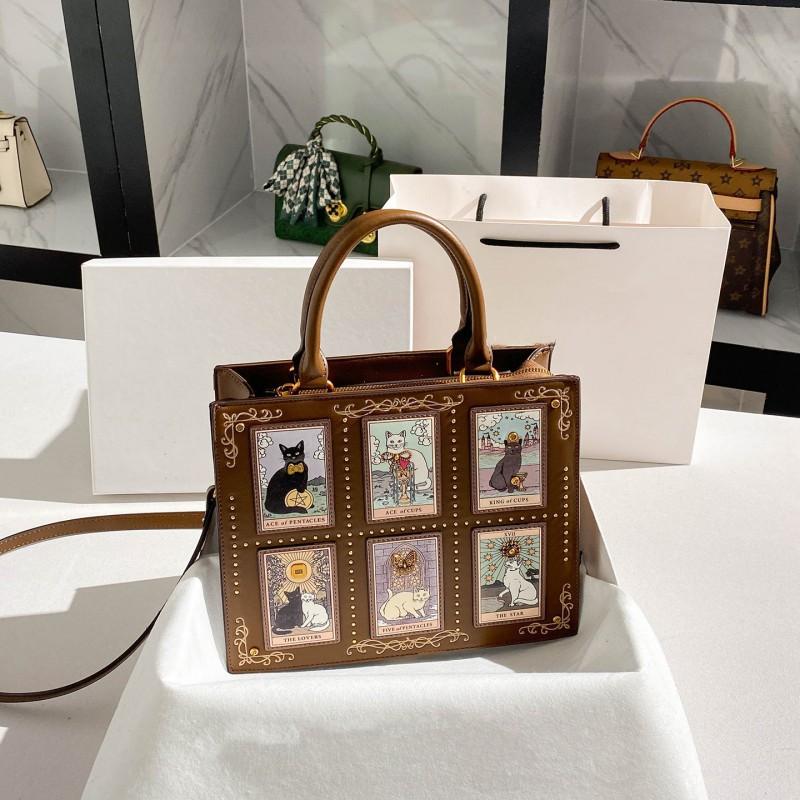 Premium Retro Contrasting Cat Embroidered Rivet Handbag Large Capacity Tote светло-коричневого