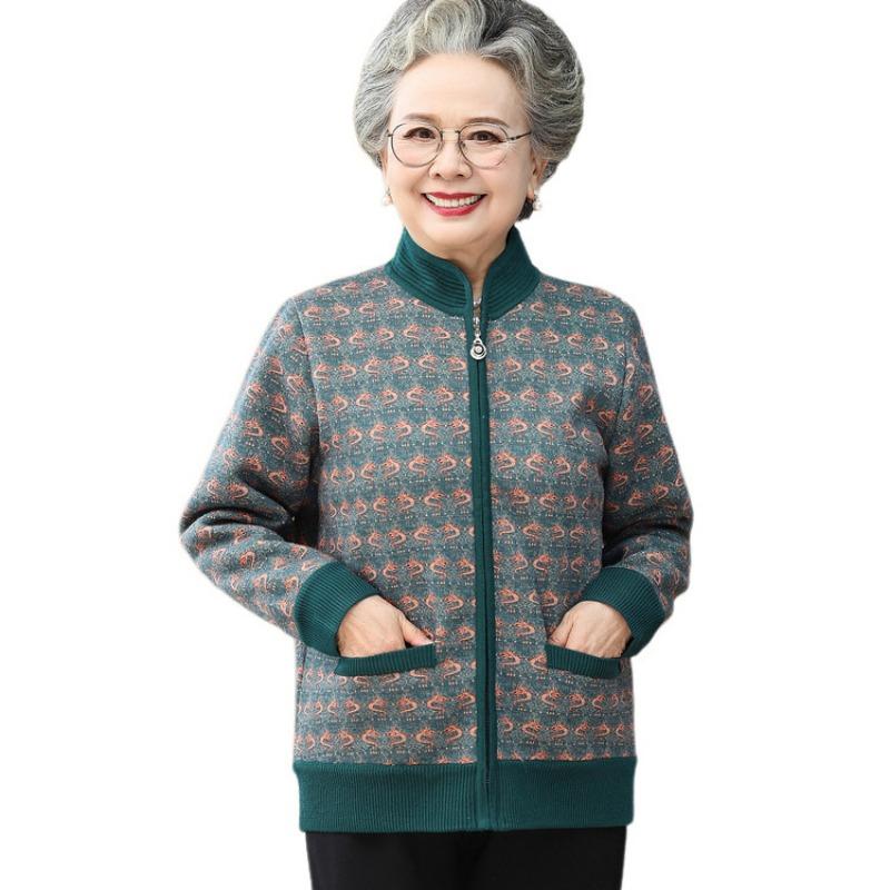 Grandma Sweater Jacket Women's Middle-aged and Elderly Autumn and Winter Clothing Fleece Cardigan Year Old 0 Old Man Old Lady Warm Clothes
