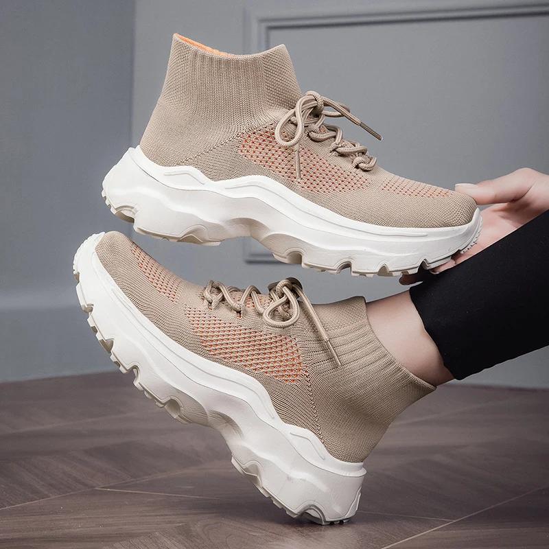 Fashion Large Size New Men's and Women's Flying Knitting Lovers Casual Sneakers Thick Soles Comfortable Increase Lace-up Loafers
