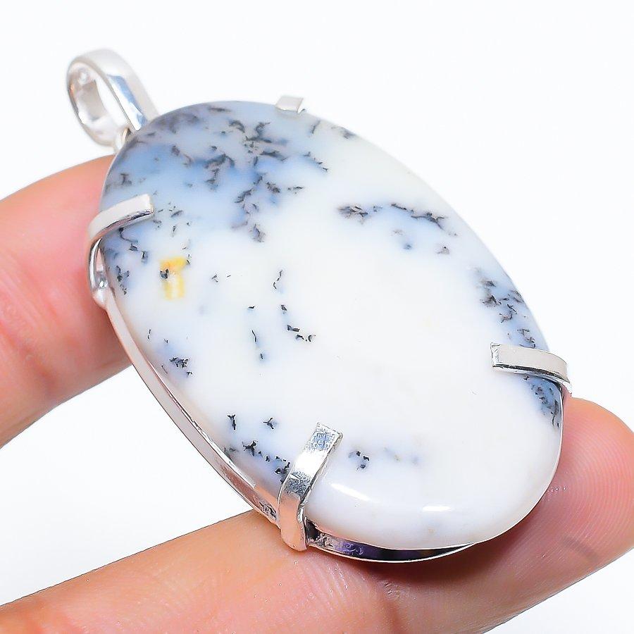 Natural Dendrite Opal Gemstone 925 Sterling Silver Gift Pendant 2.36" T9s09