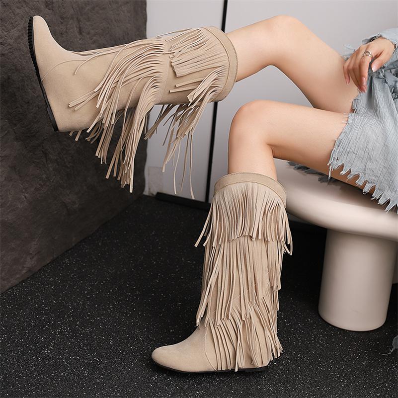 FOREADA Women Knee High Cowboy Boots Round Toe Height Incresing Mid Heels Tassel Western Long Boots Ladies Fashion Shoes Winter 46