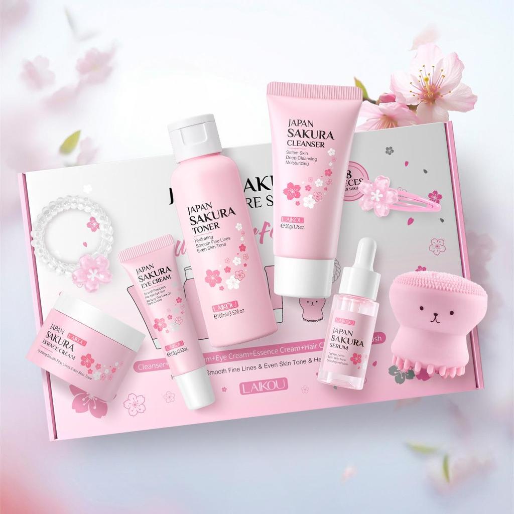Zestaw do czyszczenia i pielęgnacji twarzy LAIKOU Sakura 8-częściowy Premium jako prezent urodzinowy
