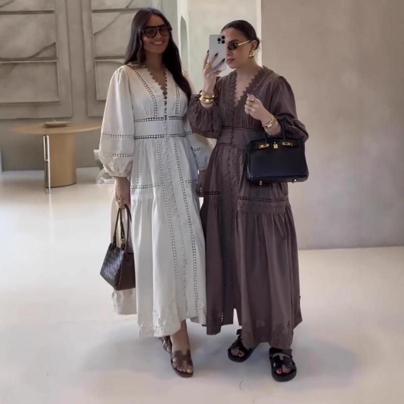 V-neck Patchwork Lace Hollow Out Long Sleeve Waist-Cinching Dress for Women
