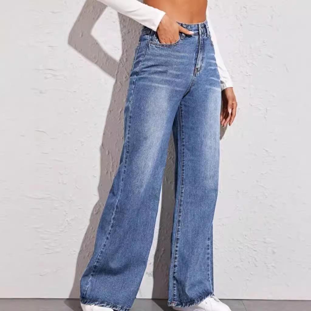 2024 Trendy Washed High-Waisted Wide-Leg Jeans for Women