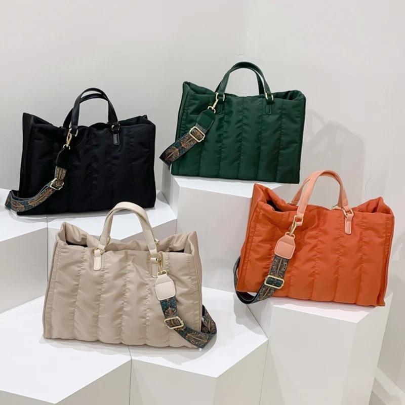 Luxus Marke Frauen Gepolsterte Große Kapazität Handtaschen Grün Große Totes Klassische Nylon Unten Baumwolle Schulter Tasche Büro Dame Shopper Tasche