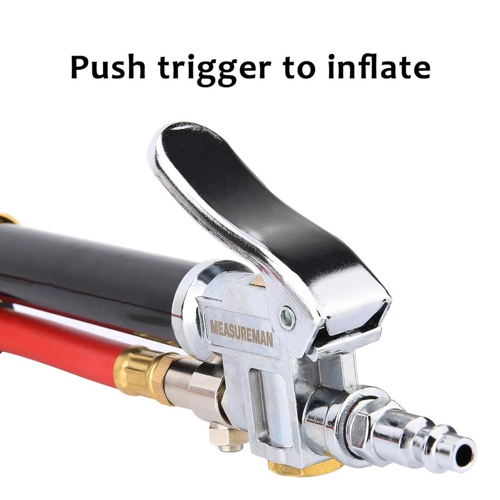 MEASUREMAN Heavy Duty Bayonet Style Tire Inflator, Aluminum Body, 20" Red Hose, Clip On Air Chuck, Aluminum Slide, Range 10-130Psi/Kpa