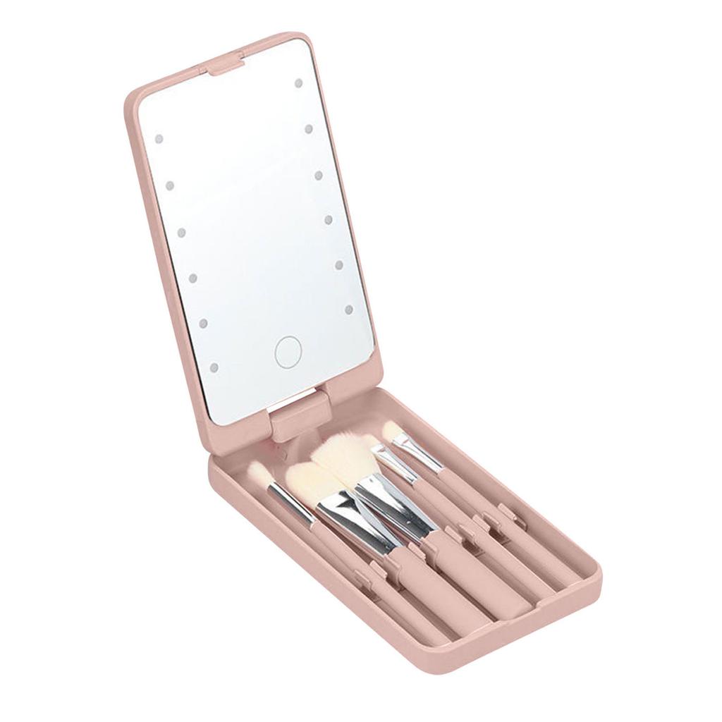 Cestovní sada štětců na make-up s LED zrcátkem, Cestovní sada štětců na make-up, 5dílná sada štětců na make-up s LED zrcátkem v pouzdře, Dobíjecí skládací zrcátko na make-up