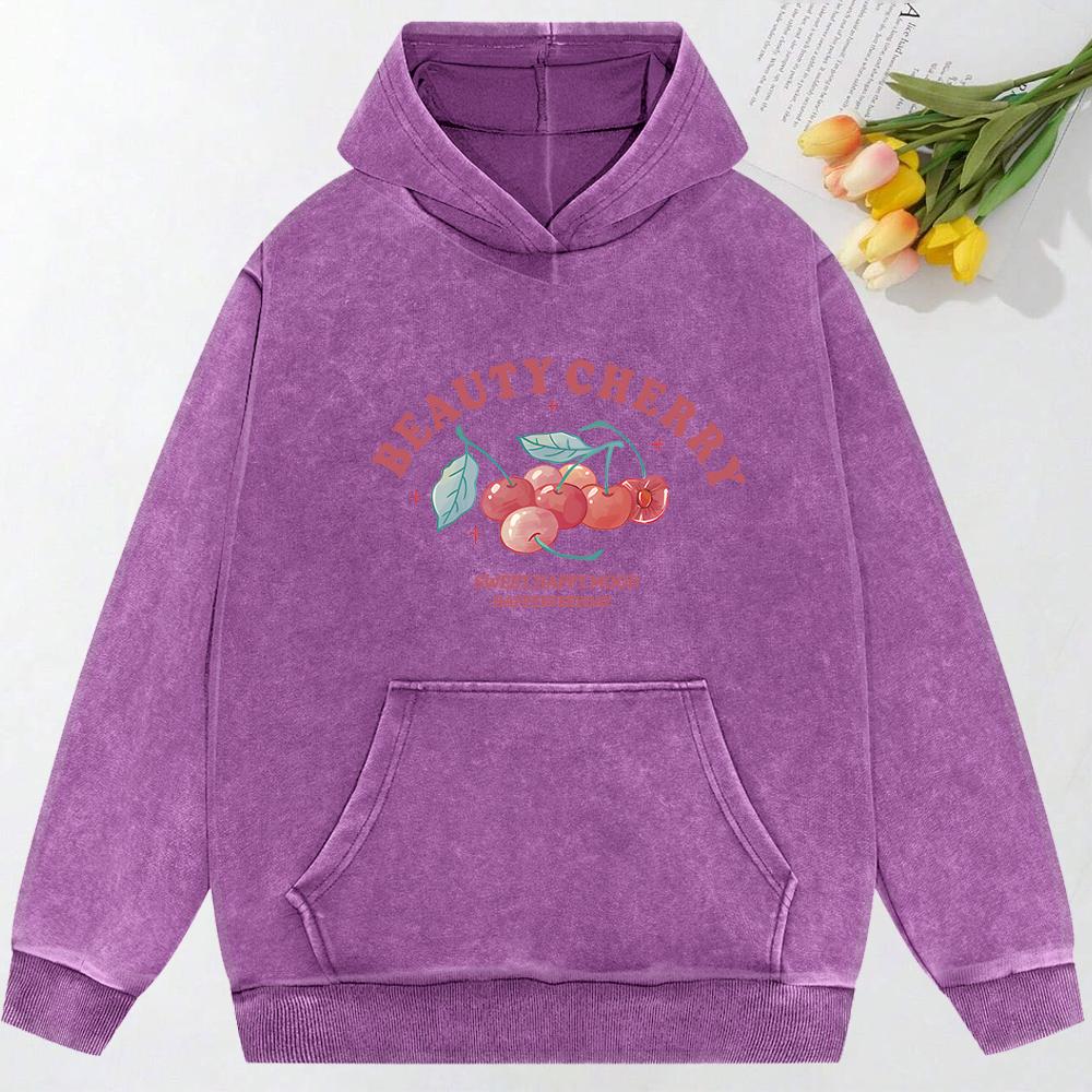 Beauty Cherry Art Letter Print Washed Hoody All-Match Oversized Hoodies Cotton Sportswear Couple Women Clothing