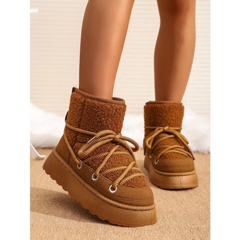 Women's New Winter Fleece Lined Thickened Elevated Chunky Sole Lace Up Fashionable Warm Cotton Boots