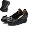 Genuine Leather 7cm High Heels Women Bowknot Wedge Shoes Elegant Ladies Pure Black Beige Soft Comfortable Mom Shoes