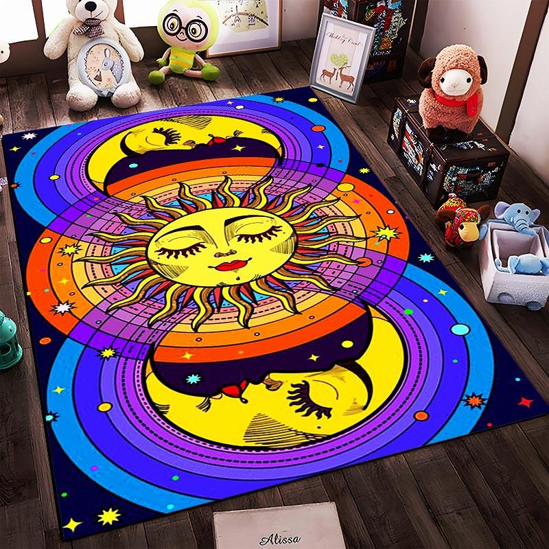 Colorful Sun and Moon Pattern Carpet with Psychedelic Boho Design Suitable for Use As an Anti-slip for Living Room Bedroom Sofas