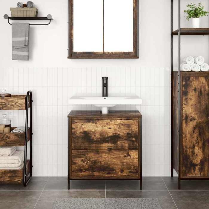 VidaXL Meuble de salle de bain lavabo tiroirs chêne fumé 60x34,5x60 cm, meuble vasque de toilette, meuble de rangement de 861884