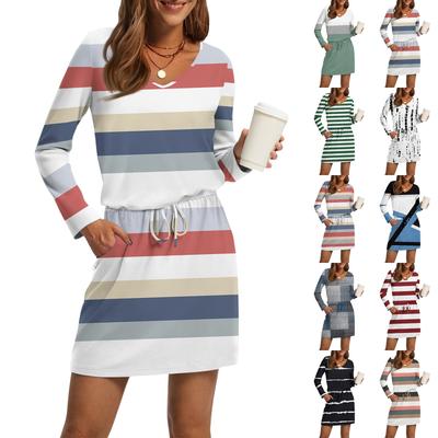 Women's Fashion V-Neck Long Sleeve Drawstring With Pocket Stripe Printed Casual Dresses
