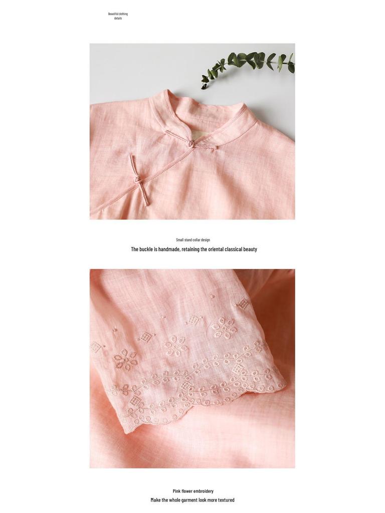 2020 Summer Women's Soft Pink Lotus Sleeve Cotton Linen Embroidery Dress