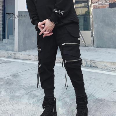 Herren Cargohose mit Riemen und Reißverschluss, lockere Knöchelpartie, mittelhohe Hose, einfarbig, mehrere Farben, Hip Hop Streetwear, Outdoor, Reisen, Sporthose