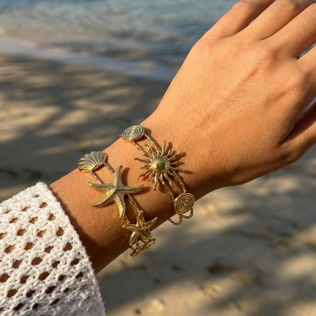 Summer Ocean Starfish Turtle Sun Shell Bracelets for Women Stainless Steel Sunlit Vibes Vacation Resort Holiday Jewelry Gifts